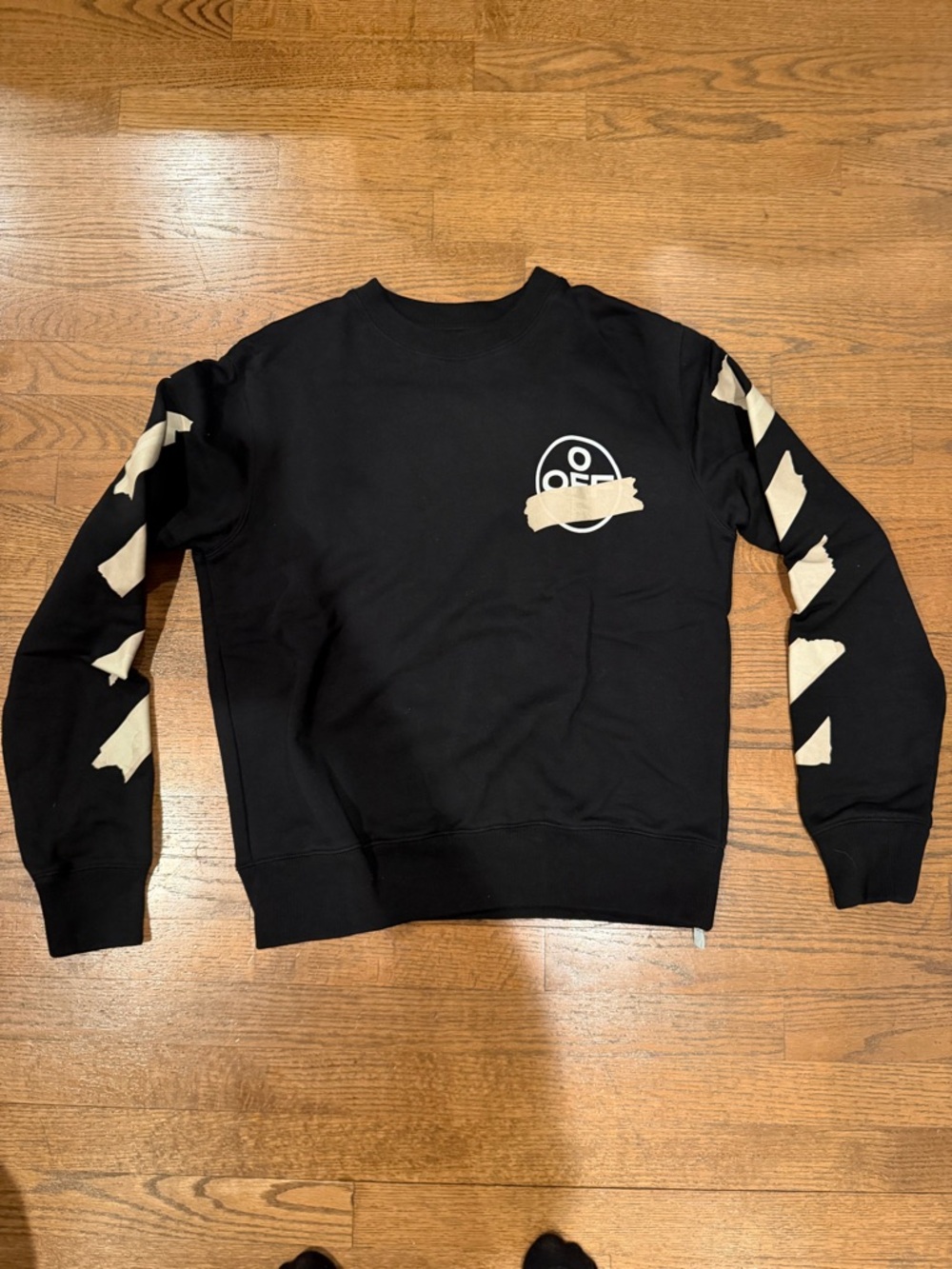 Off-White Black Crewneck with Cream Sleeve Graphics